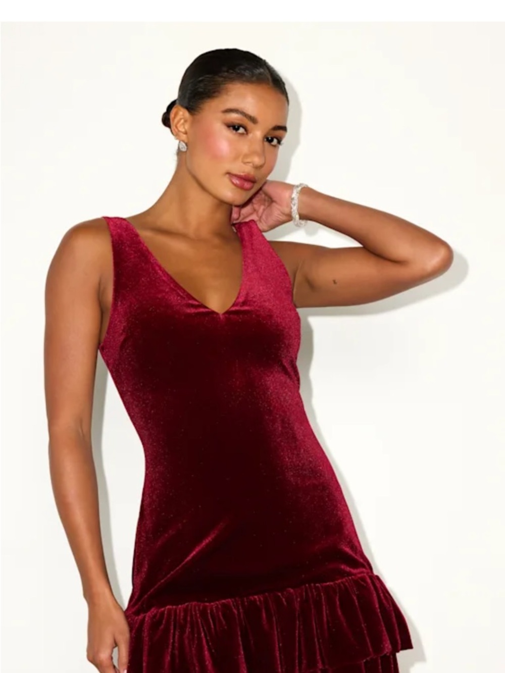 Lulu's Burgundy Velvet V-Neck Ruffle Mini Dress - Picture 3 of 6